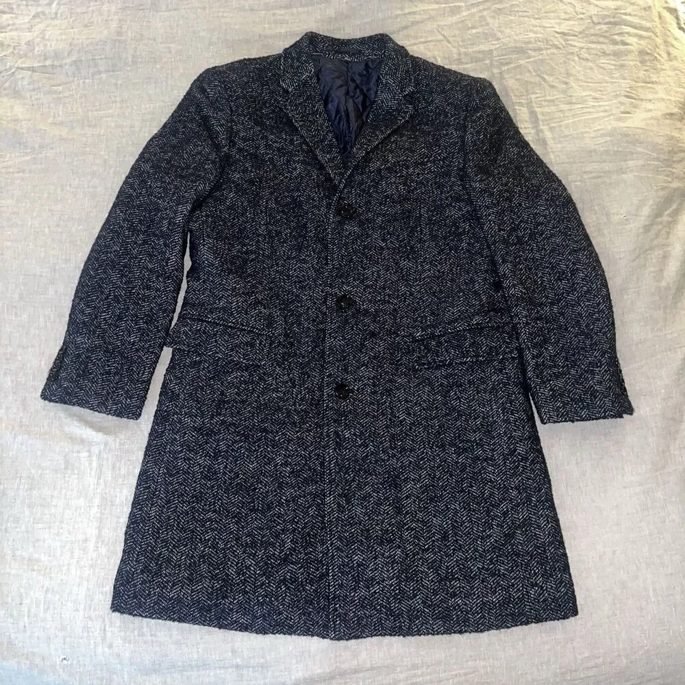 J. Crew Men’s Thompson Wool Blend Herringbone Top Coat Navy Blue Size 44R AC592